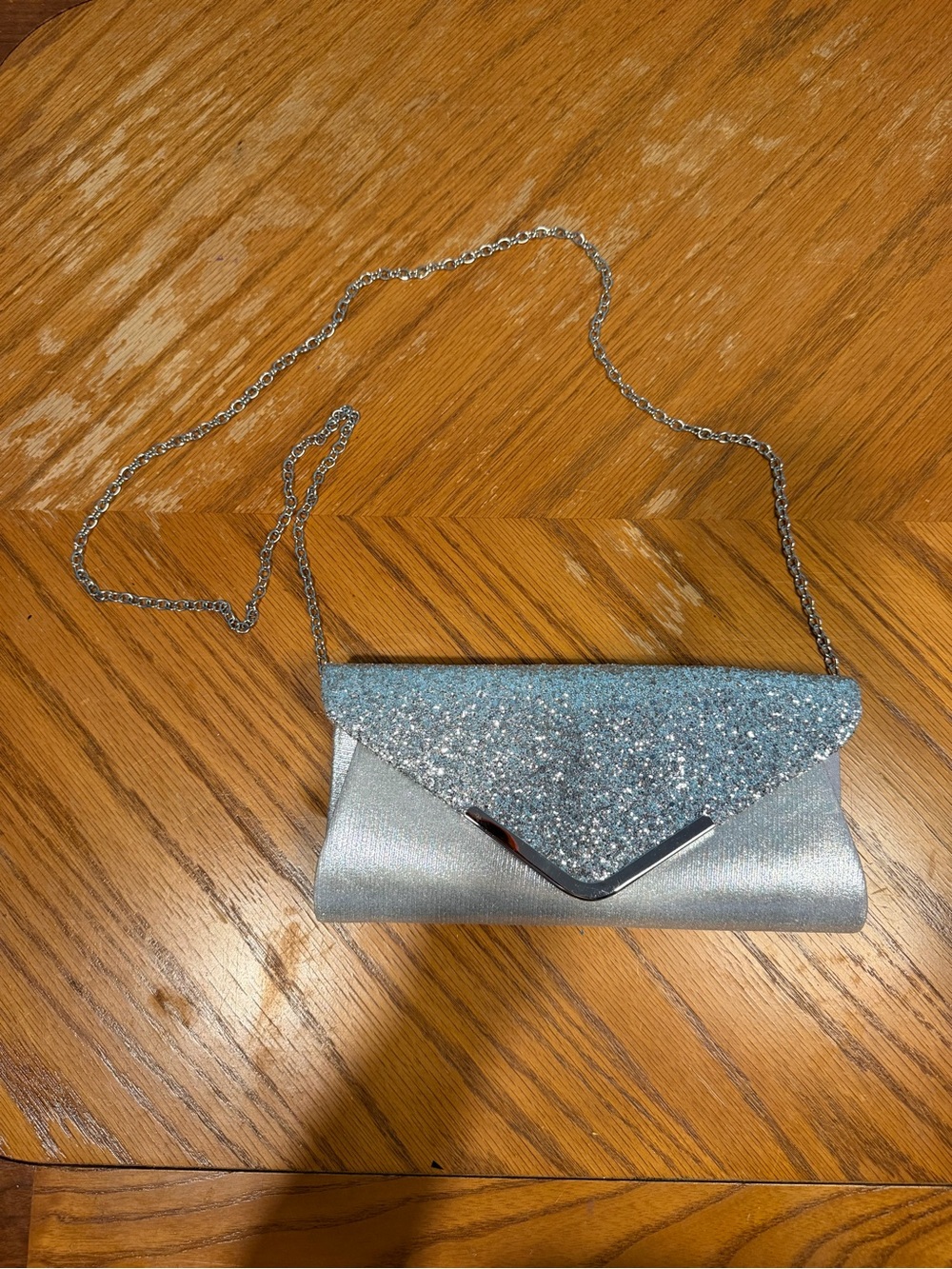 Silver Glitter Envelope Clutch with Chain Strap